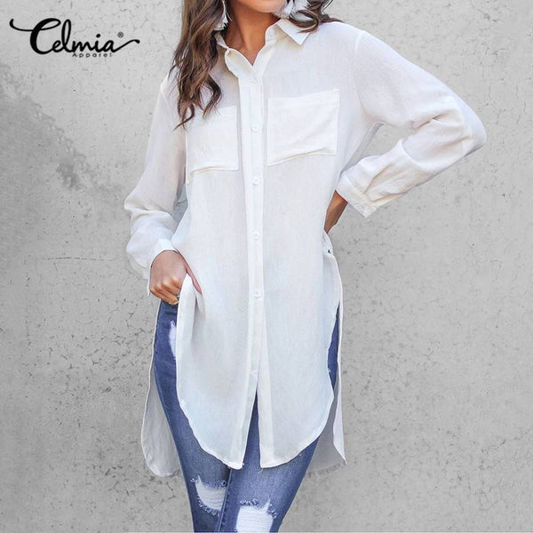 Elegant and Chic, Long Length Tunic Blouse With a Side Split